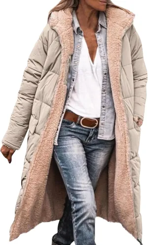 Womens Sherpa Fleece Lined Long Jackets Trendy Reversible Puffer Coat Winter Puffer Coats Hood Zip Outerwears