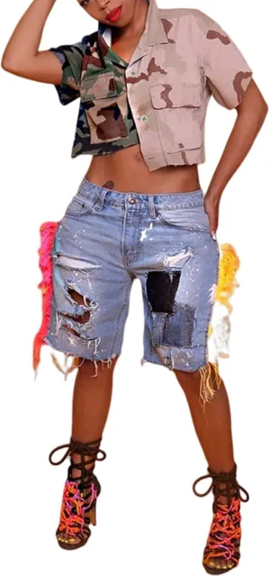 Womens Summer Cute Camo Button Down Cropped Jean Jacket Casual Lapel Outwear Denim Shirts Blouse Top