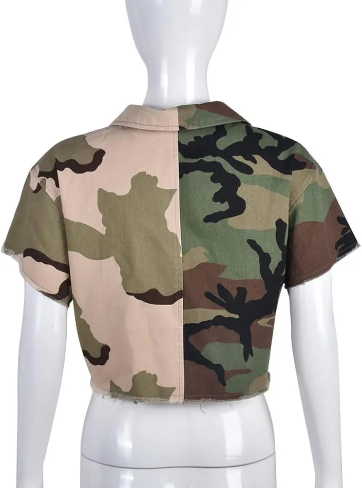 Womens Summer Cute Camo Button Down Cropped Jean Jacket Casual Lapel Outwear Denim Shirts Blouse Top