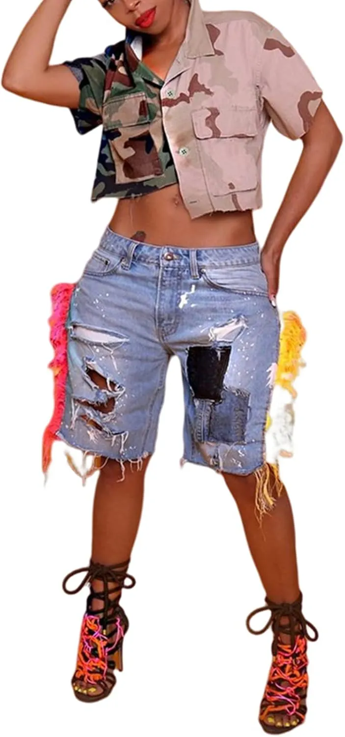 Womens Summer Cute Camo Button Down Cropped Jean Jacket Casual Lapel Outwear Denim Shirts Blouse Top