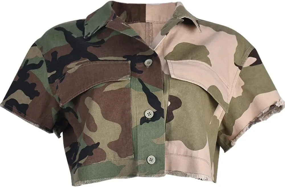 Womens Summer Cute Camo Button Down Cropped Jean Jacket Casual Lapel Outwear Denim Shirts Blouse Top