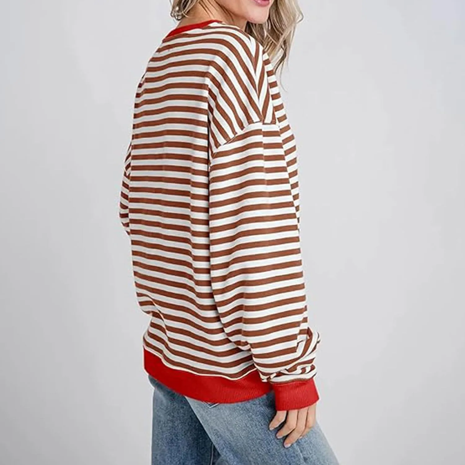 Womens Sweatshirt Casual Striped Color Block Crewneck Pullover Tops Fleece Soft Cofmy Clothes 2024 Fshion Fall Tops