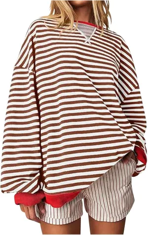 Womens Sweatshirt Casual Striped Color Block Crewneck Pullover Tops Fleece Soft Cofmy Clothes 2024 Fshion Fall Tops