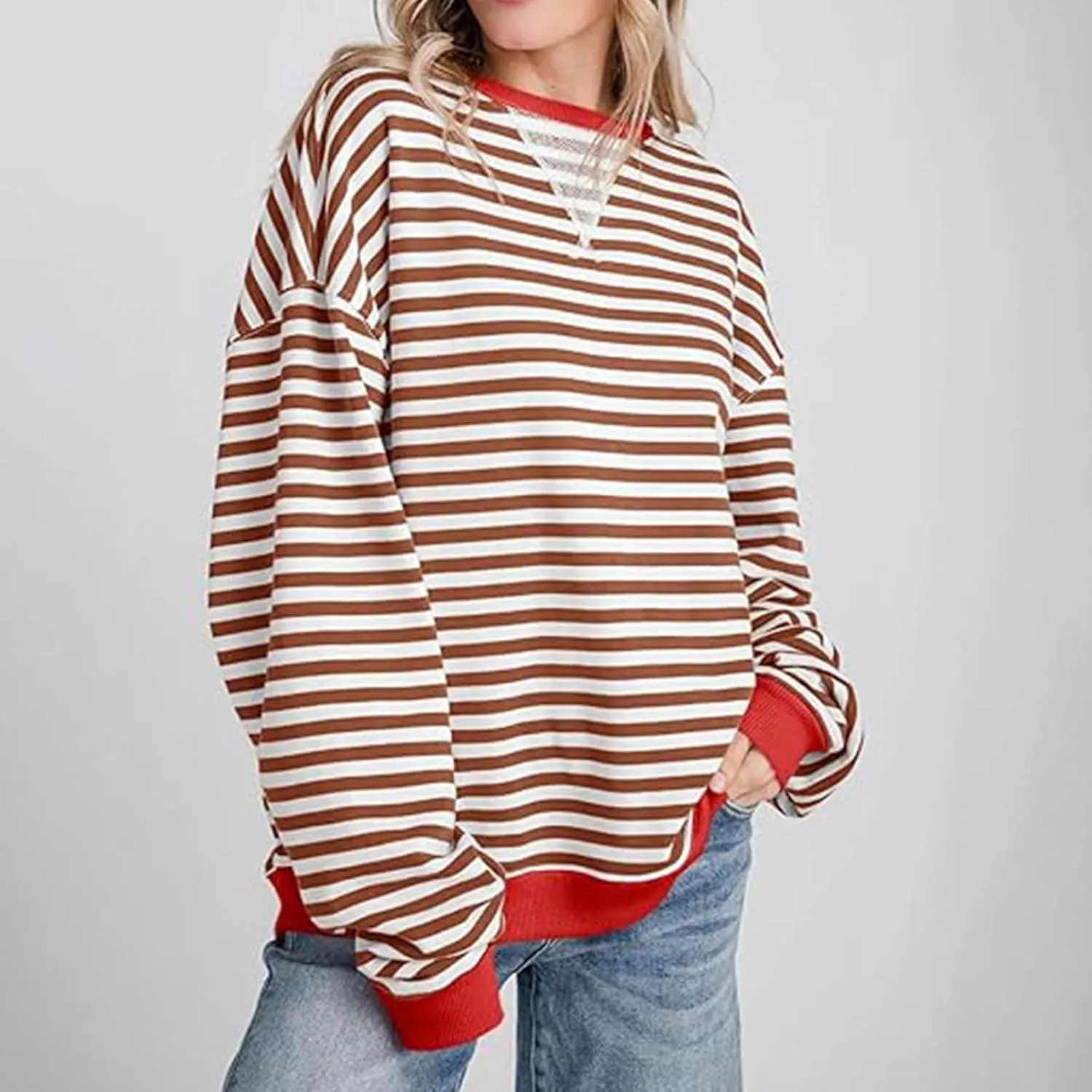 Womens Sweatshirt Casual Striped Color Block Crewneck Pullover Tops Fleece Soft Cofmy Clothes 2024 Fshion Fall Tops
