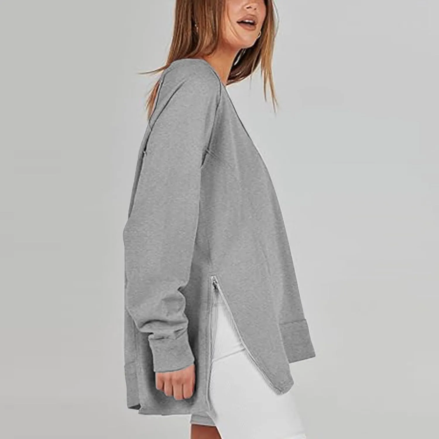 Women's Sweatshirt Side Slit Zipper Pullover V Neck Fleece Sweater for Women Oversized Sweatshirt Trendy Fall Tops