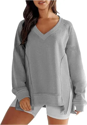 Women's Sweatshirt Side Slit Zipper Pullover V Neck Fleece Sweater for Women Oversized Sweatshirt Trendy Fall Tops