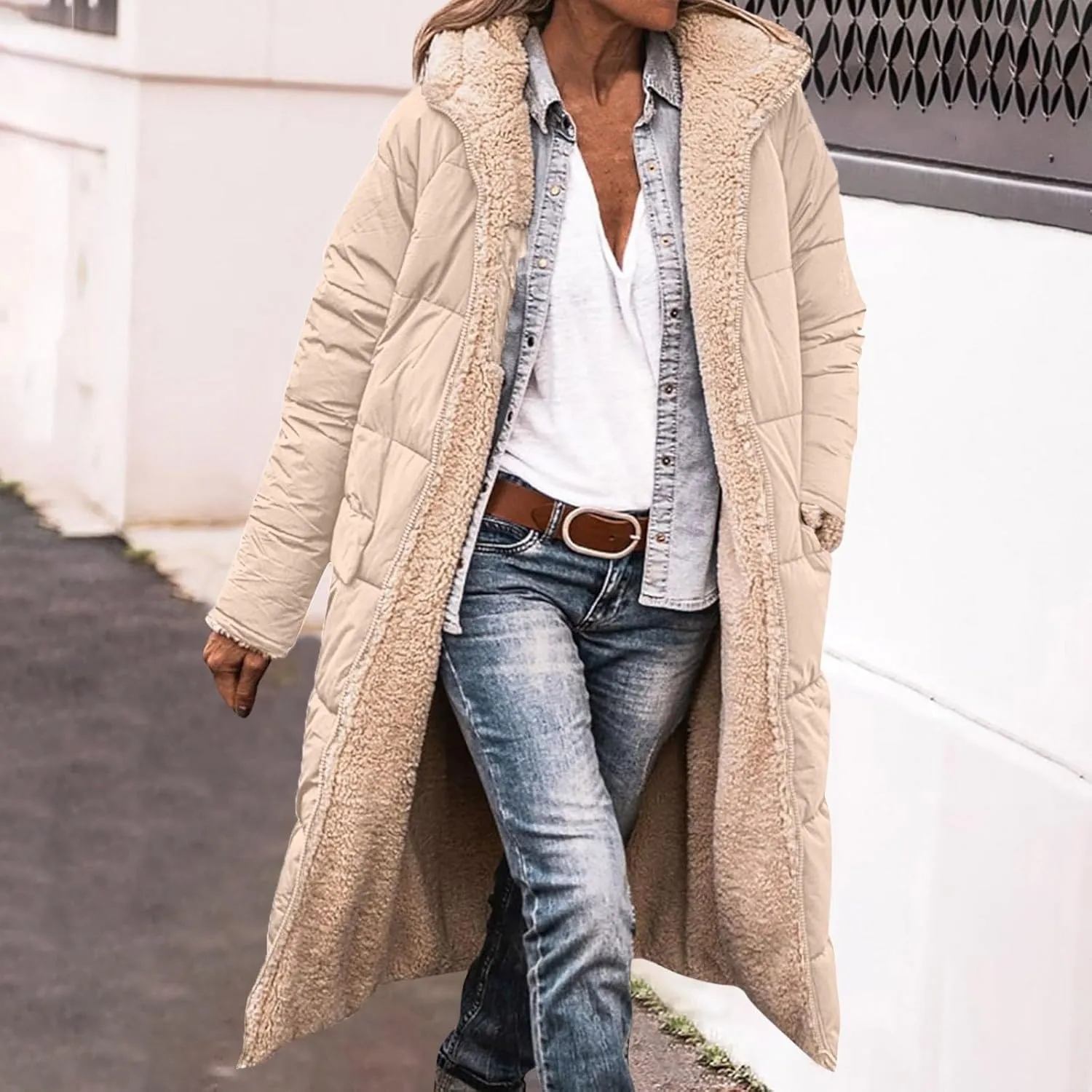 Womens Winter Coats Long Sherpa Fleece Lined Reversible Jacket Warm Faux Fur Coat Zip Up Quilted Outerwear with Hood