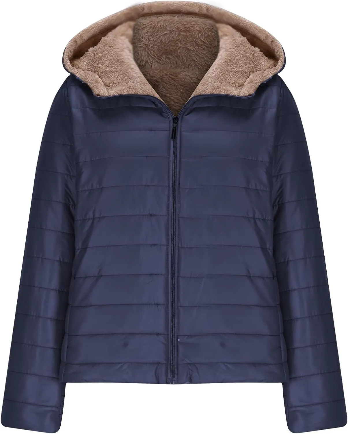 Womens Winter Coats Puffer Thickened Warm Hooded Down Jacket Sherpa Fleece Lined Down Coat Long Sleeve Quilted Jacket