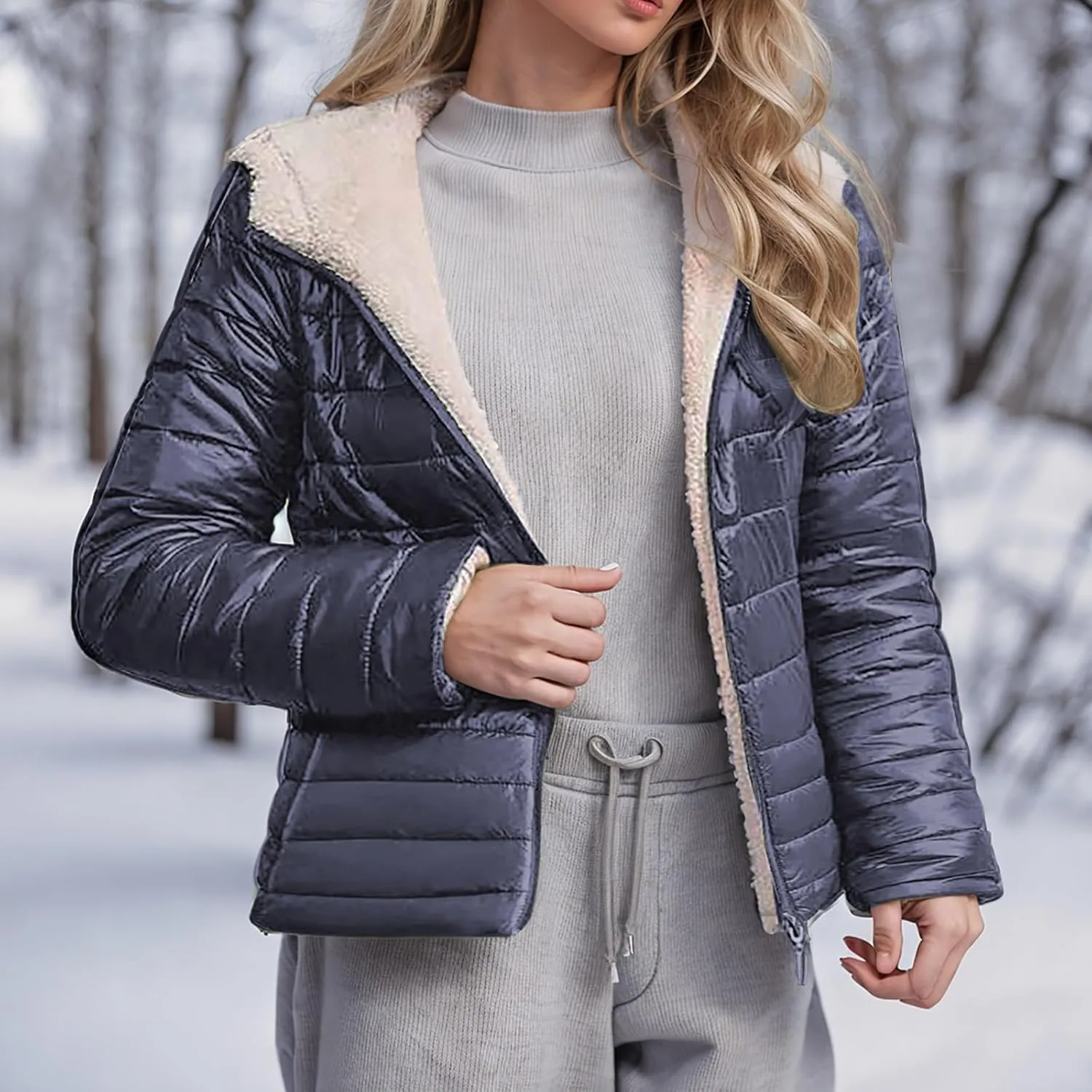 Womens Winter Coats Puffer Thickened Warm Hooded Down Jacket Sherpa Fleece Lined Down Coat Long Sleeve Quilted Jacket