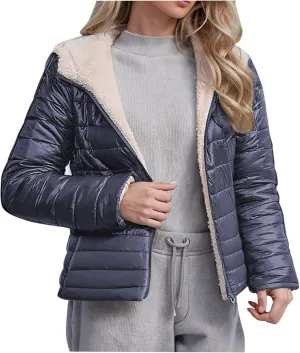 Womens Winter Coats Puffer Thickened Warm Hooded Down Jacket Sherpa Fleece Lined Down Coat Long Sleeve Quilted Jacket