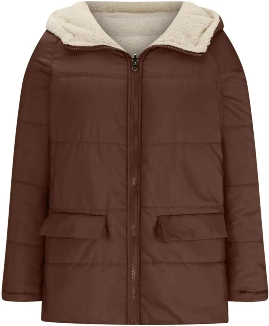 Womens Winter Coats Reversible Puffer Jacket Sherpa Fleece Zip Hoodie Warm Down Coat Oversized Trendy Outerwear Pocket