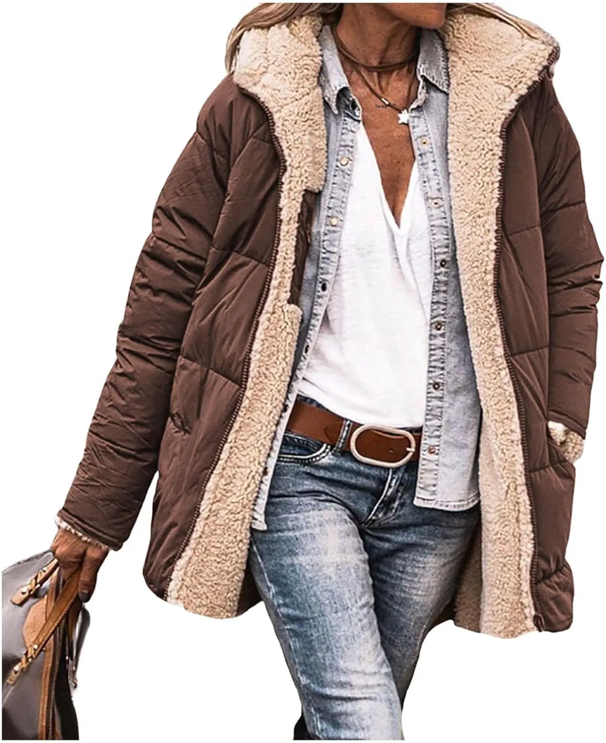 Womens Winter Coats Reversible Puffer Jacket Sherpa Fleece Zip Hoodie Warm Down Coat Oversized Trendy Outerwear Pocket