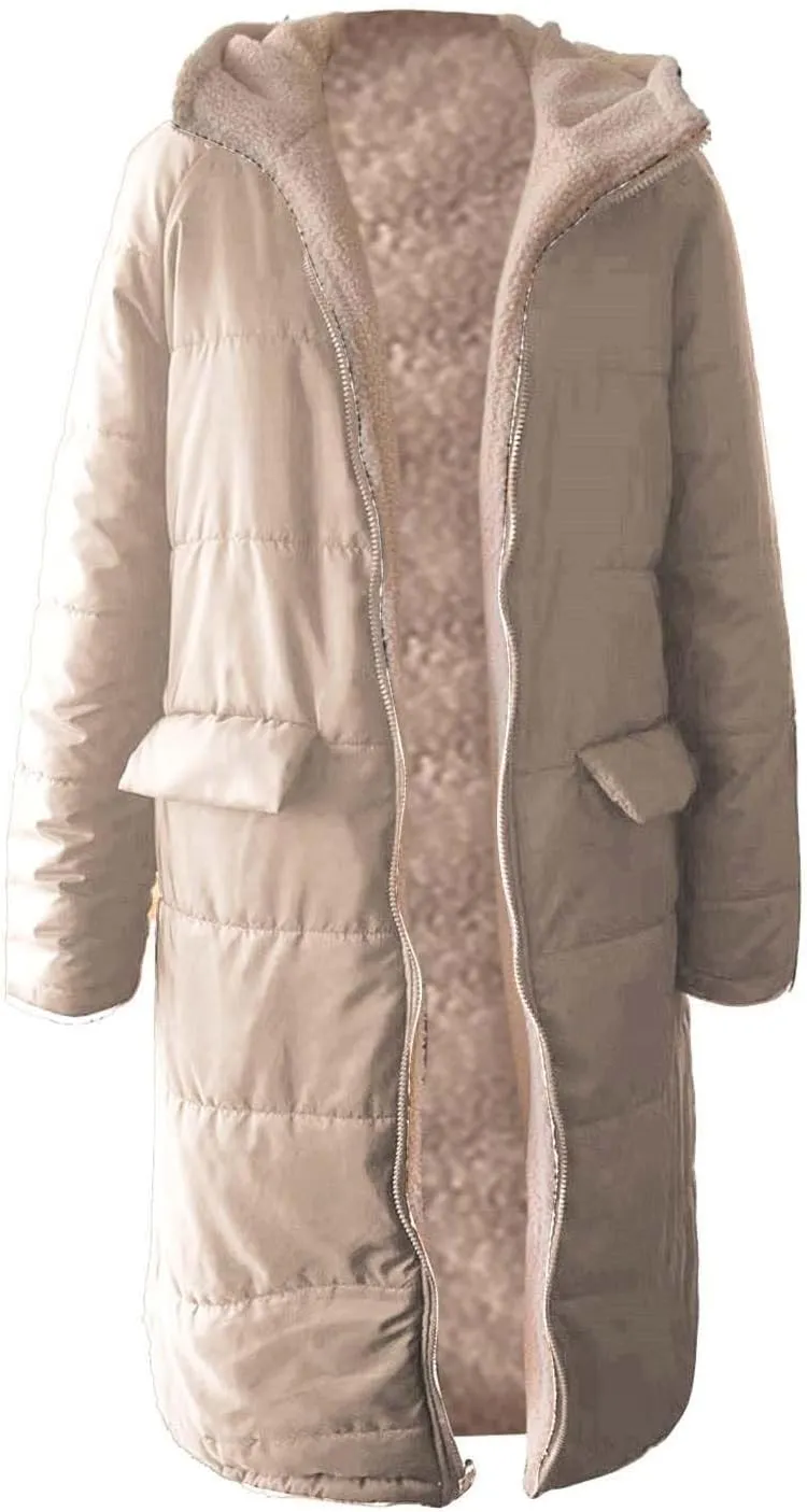 Womens Winter Fleece Long Coats Oversized Shearling Sherpa Fuzzy Fleece Lined Reversible Long Sleeve Hooded Jackets