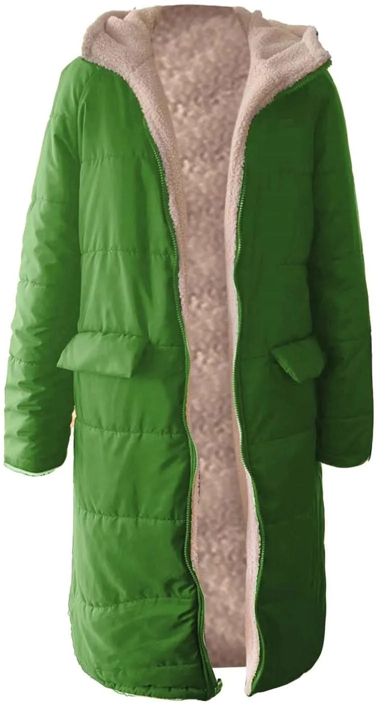 Womens Winter Fleece Long Coats Oversized Shearling Sherpa Fuzzy Fleece Lined Reversible Long Sleeve Hooded Jackets