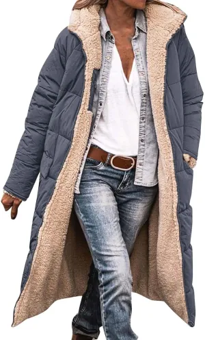 Womens Winter Fleece Long Coats Oversized Shearling Sherpa Fuzzy Fleece Lined Reversible Long Sleeve Hooded Jackets