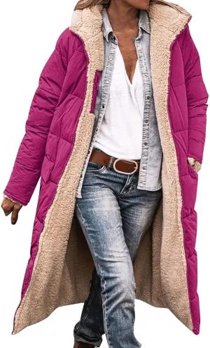 Womens Winter Fleece Long Coats Oversized Shearling Sherpa Fuzzy Fleece Lined Reversible Long Sleeve Hooded Jackets