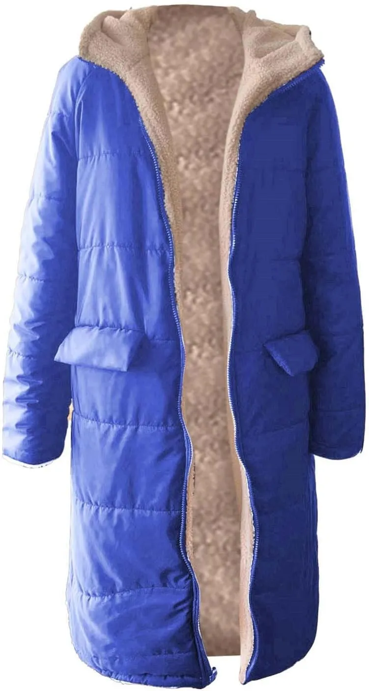 Womens Winter Fleece Long Coats Oversized Shearling Sherpa Fuzzy Fleece Lined Reversible Long Sleeve Hooded Jackets
