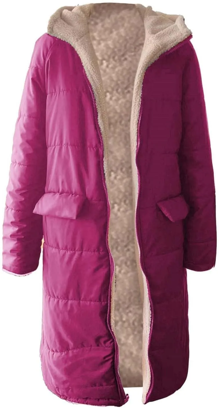 Womens Winter Fleece Long Coats Oversized Shearling Sherpa Fuzzy Fleece Lined Reversible Long Sleeve Hooded Jackets