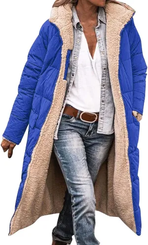 Womens Winter Fleece Long Coats Oversized Shearling Sherpa Fuzzy Fleece Lined Reversible Long Sleeve Hooded Jackets