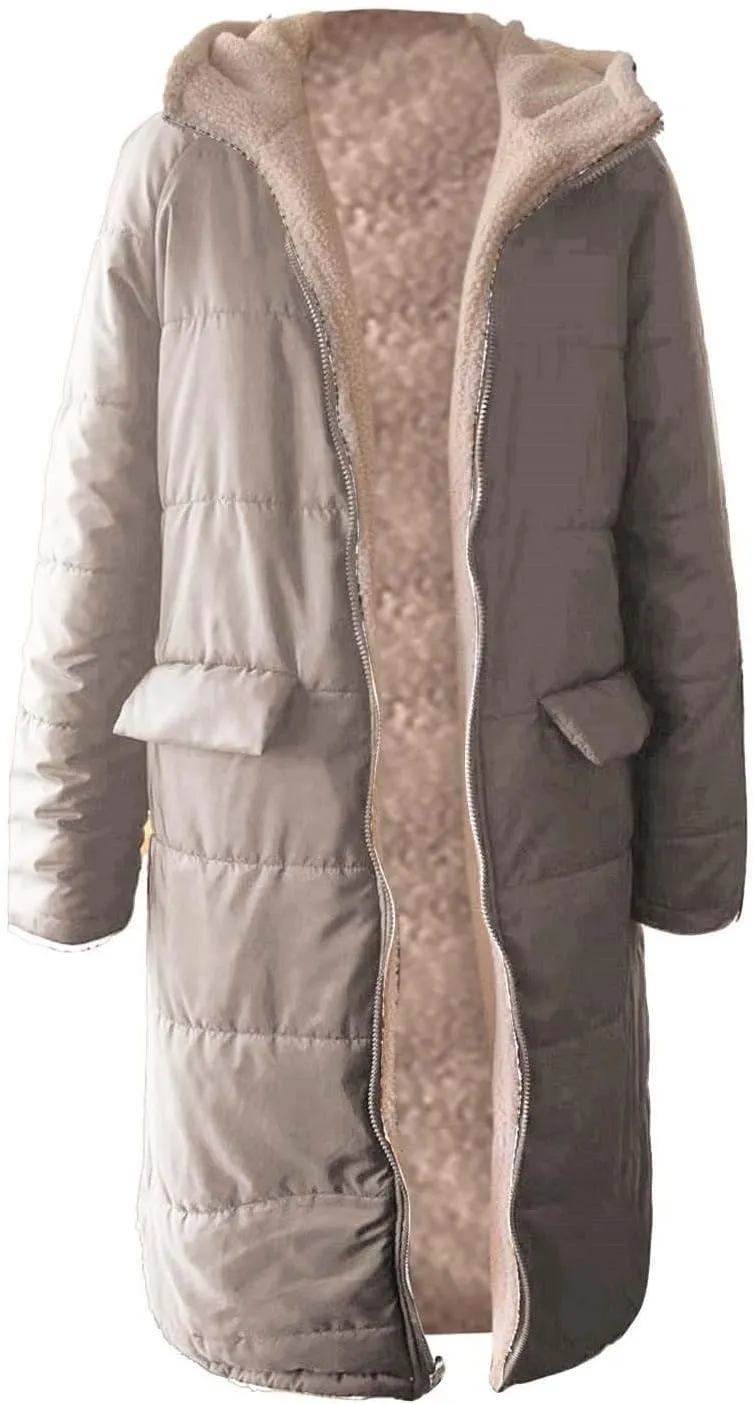 Womens Winter Fleece Long Coats Oversized Shearling Sherpa Fuzzy Fleece Lined Reversible Long Sleeve Hooded Jackets