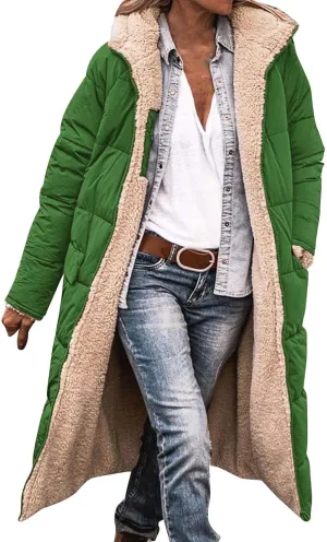 Womens Winter Fleece Long Coats Oversized Shearling Sherpa Fuzzy Fleece Lined Reversible Long Sleeve Hooded Jackets