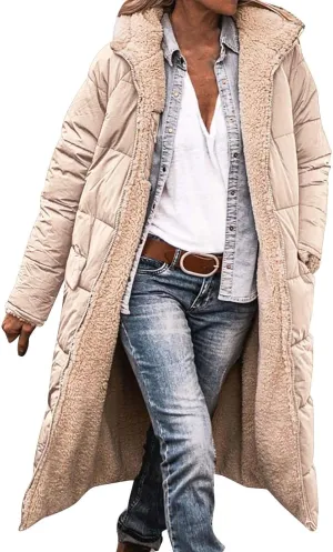 Womens Winter Fleece Long Coats Oversized Shearling Sherpa Fuzzy Fleece Lined Reversible Long Sleeve Hooded Jackets