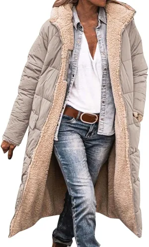 Womens Winter Fleece Long Coats Oversized Shearling Sherpa Fuzzy Fleece Lined Reversible Long Sleeve Hooded Jackets