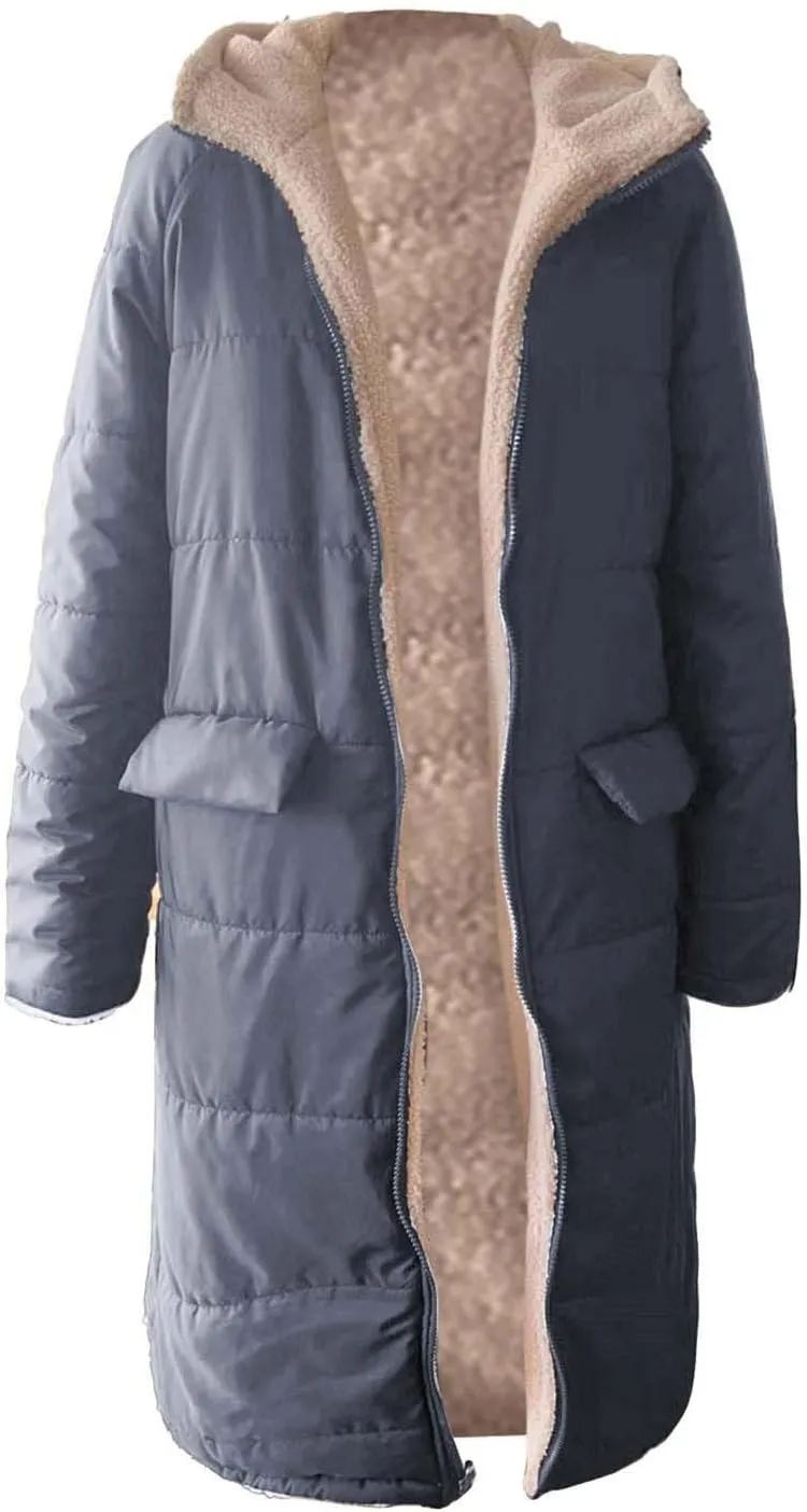 Womens Winter Fleece Long Coats Oversized Shearling Sherpa Fuzzy Fleece Lined Reversible Long Sleeve Hooded Jackets