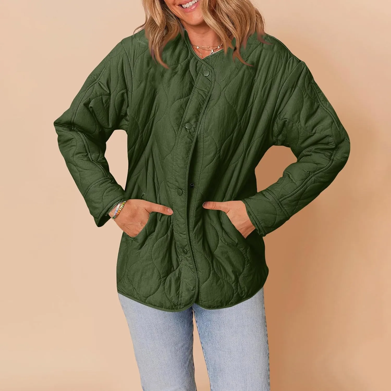 Womens Winter Quilted Jackets Long Sleeve Button Down Puffer Jacket Warm Lightweight Down Coats with Pockets