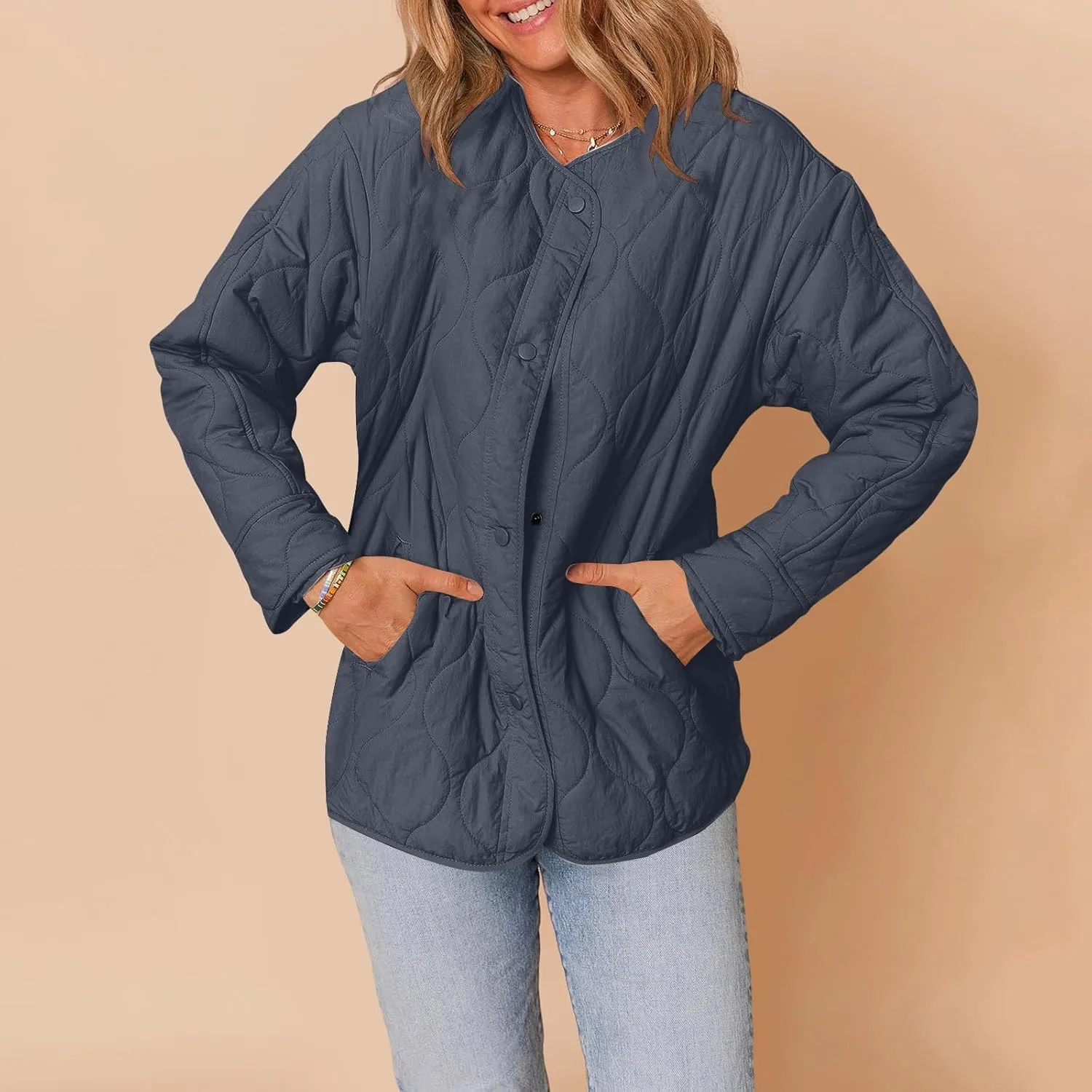 Womens Winter Quilted Jackets Long Sleeve Button Down Puffer Jacket Warm Lightweight Down Coats with Pockets
