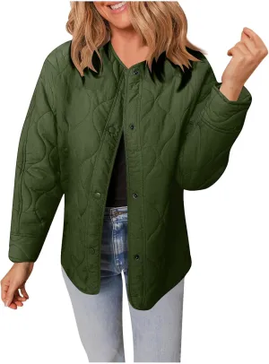 Womens Winter Quilted Jackets Long Sleeve Button Down Puffer Jacket Warm Lightweight Down Coats with Pockets