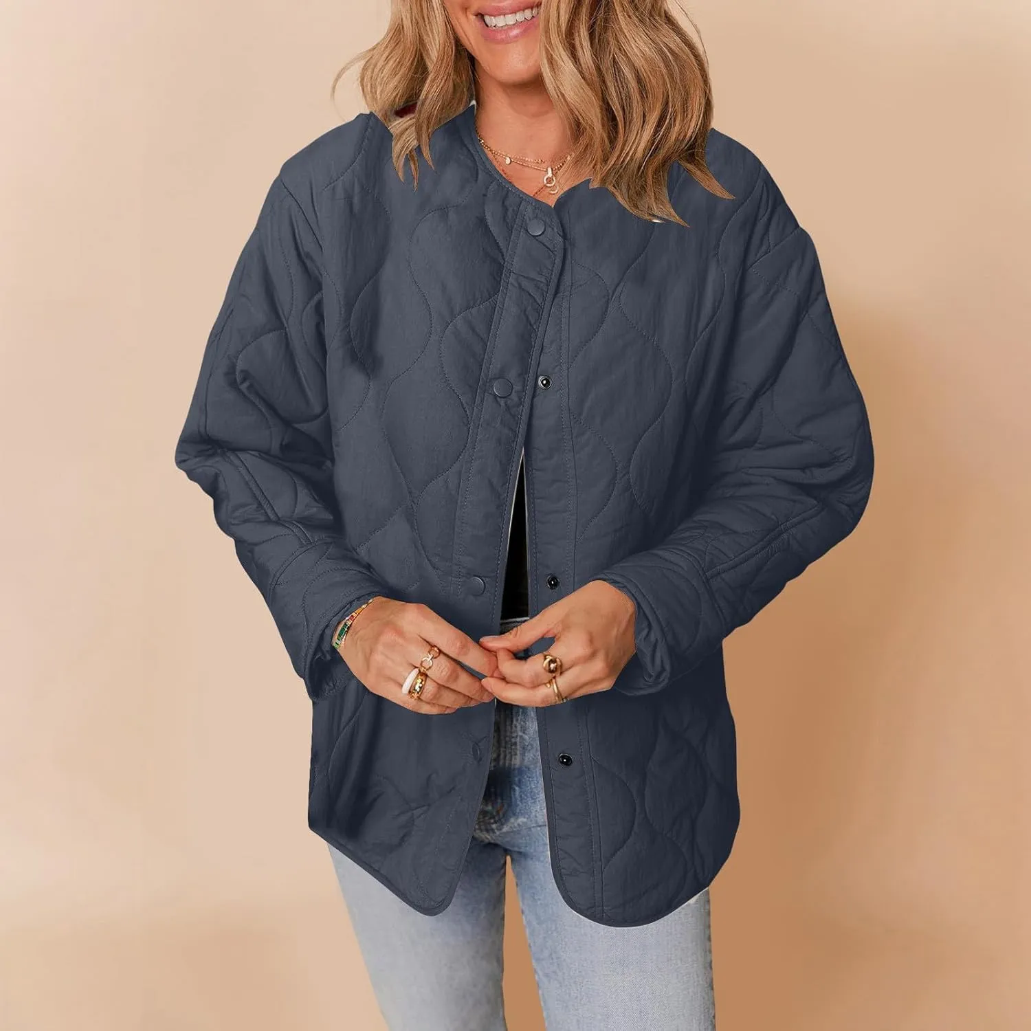 Womens Winter Quilted Jackets Long Sleeve Button Down Puffer Jacket Warm Lightweight Down Coats with Pockets