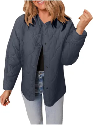 Womens Winter Quilted Jackets Long Sleeve Button Down Puffer Jacket Warm Lightweight Down Coats with Pockets