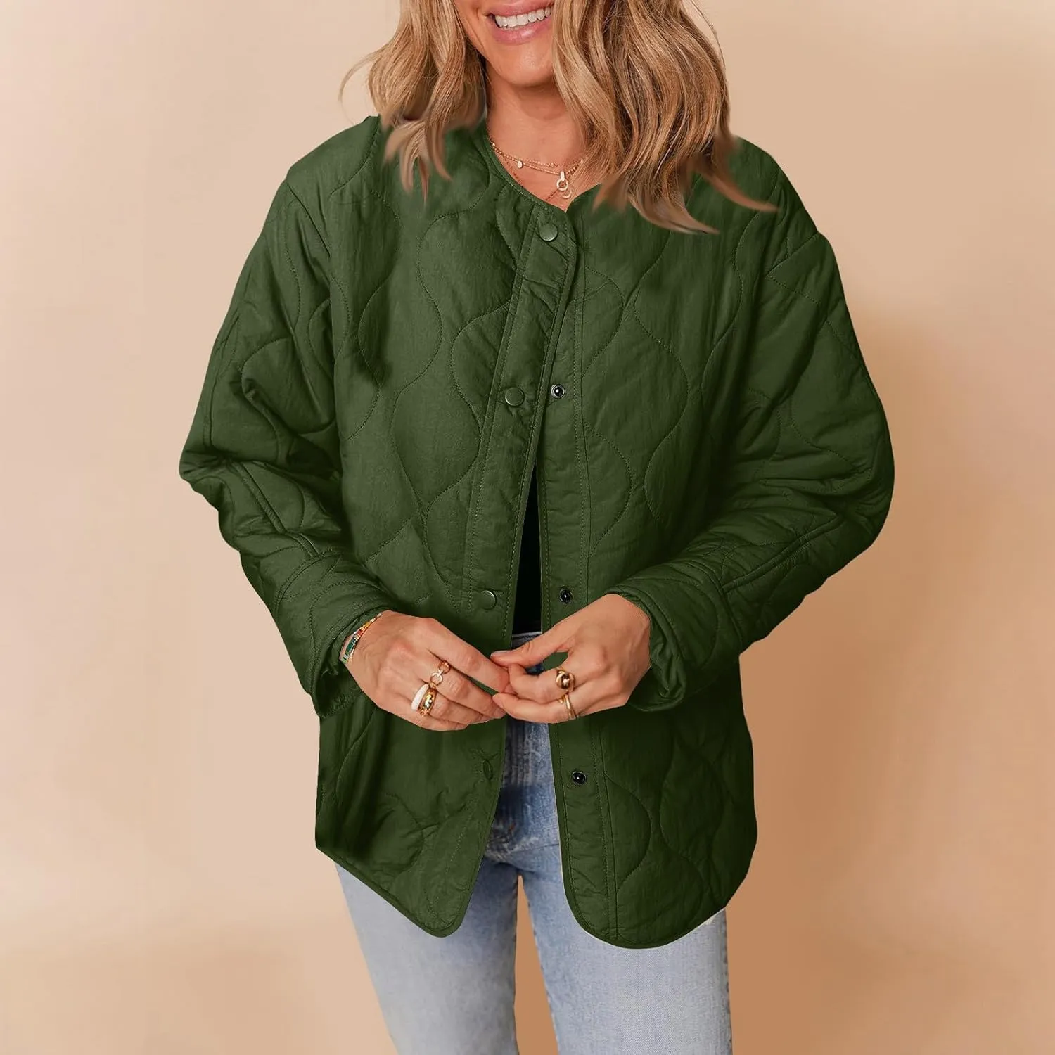 Womens Winter Quilted Jackets Long Sleeve Button Down Puffer Jacket Warm Lightweight Down Coats with Pockets