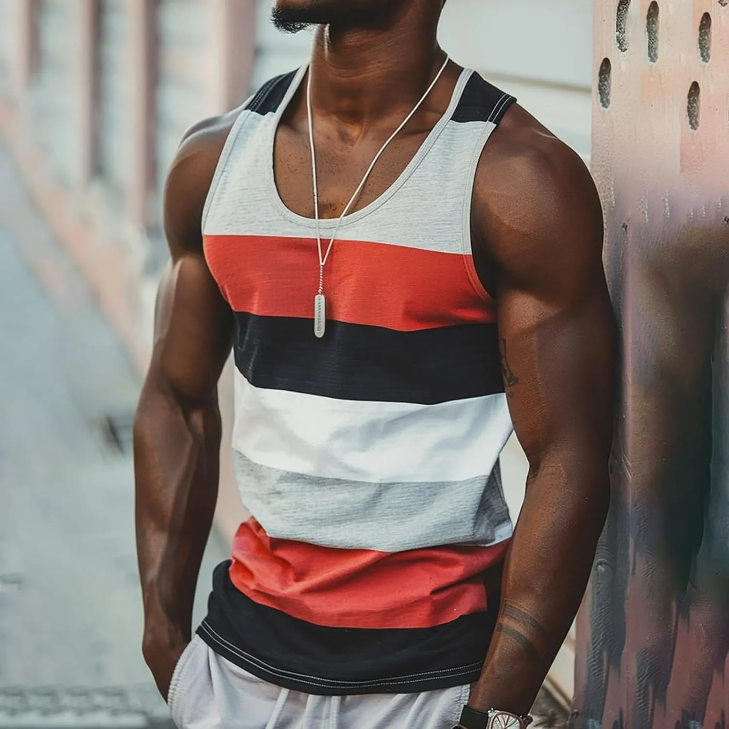 Workout Tank Tops Mens Sleeveless Scoop Neck Cut Off Muscle T-Shirts Color Block Patchwork Yoga Runnig Vest Tops