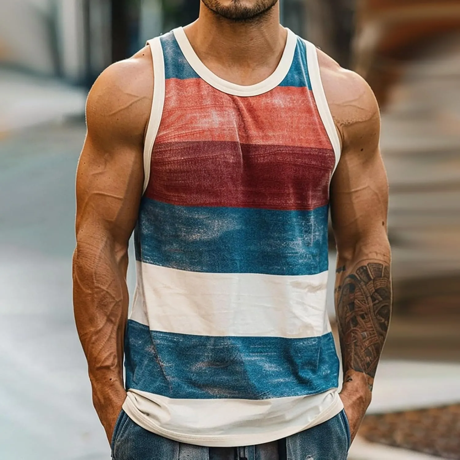 Workout Tank Tops Mens Sleeveless Scoop Neck Cut Off Muscle T-Shirts Color Block Patchwork Yoga Runnig Vest Tops