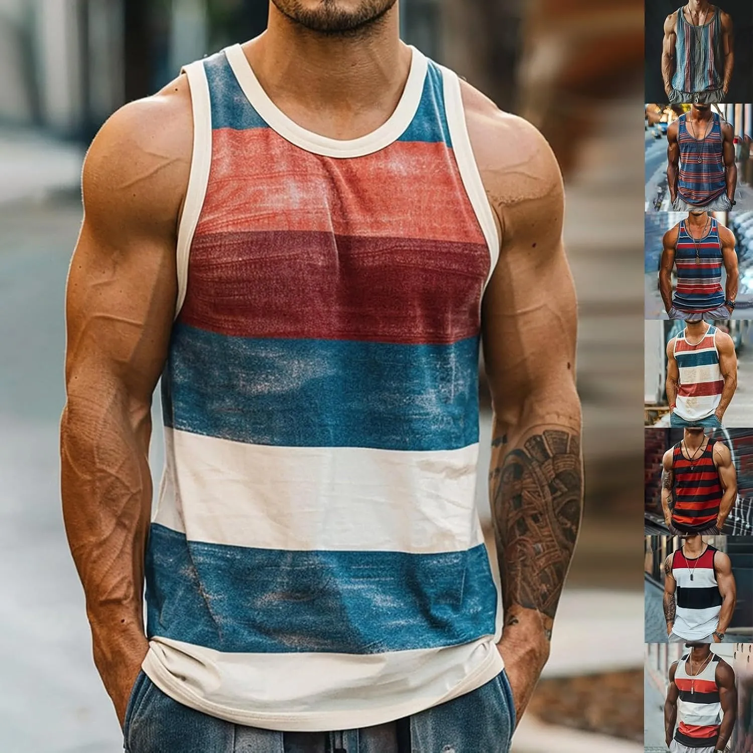 Workout Tank Tops Mens Sleeveless Scoop Neck Cut Off Muscle T-Shirts Color Block Patchwork Yoga Runnig Vest Tops