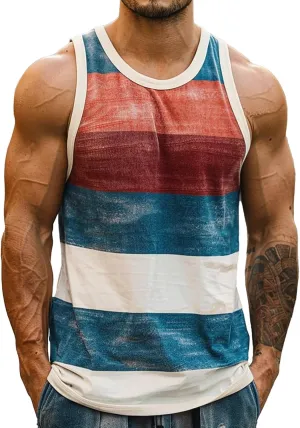 Workout Tank Tops Mens Sleeveless Scoop Neck Cut Off Muscle T-Shirts Color Block Patchwork Yoga Runnig Vest Tops
