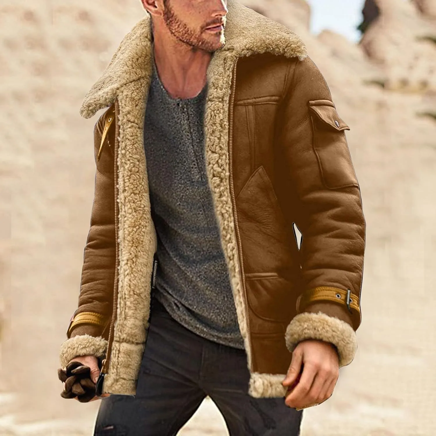 XIAXOGOOL Jackets For Men,Men's Shearling Coat Faux Suede Sherpa Lined Winter Thicken Warm Jacket With Pockets