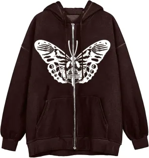 Y2K Hoodies for Women Zip Up Print Graphic Oversized Pockets Hooded Jacket 90s Long Sleeve Sweatshirt Coat Streetwear Goth