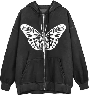 Y2K Hoodies for Women Zip Up Print Graphic Oversized Pockets Hooded Jacket 90s Long Sleeve Sweatshirt Coat Streetwear Goth