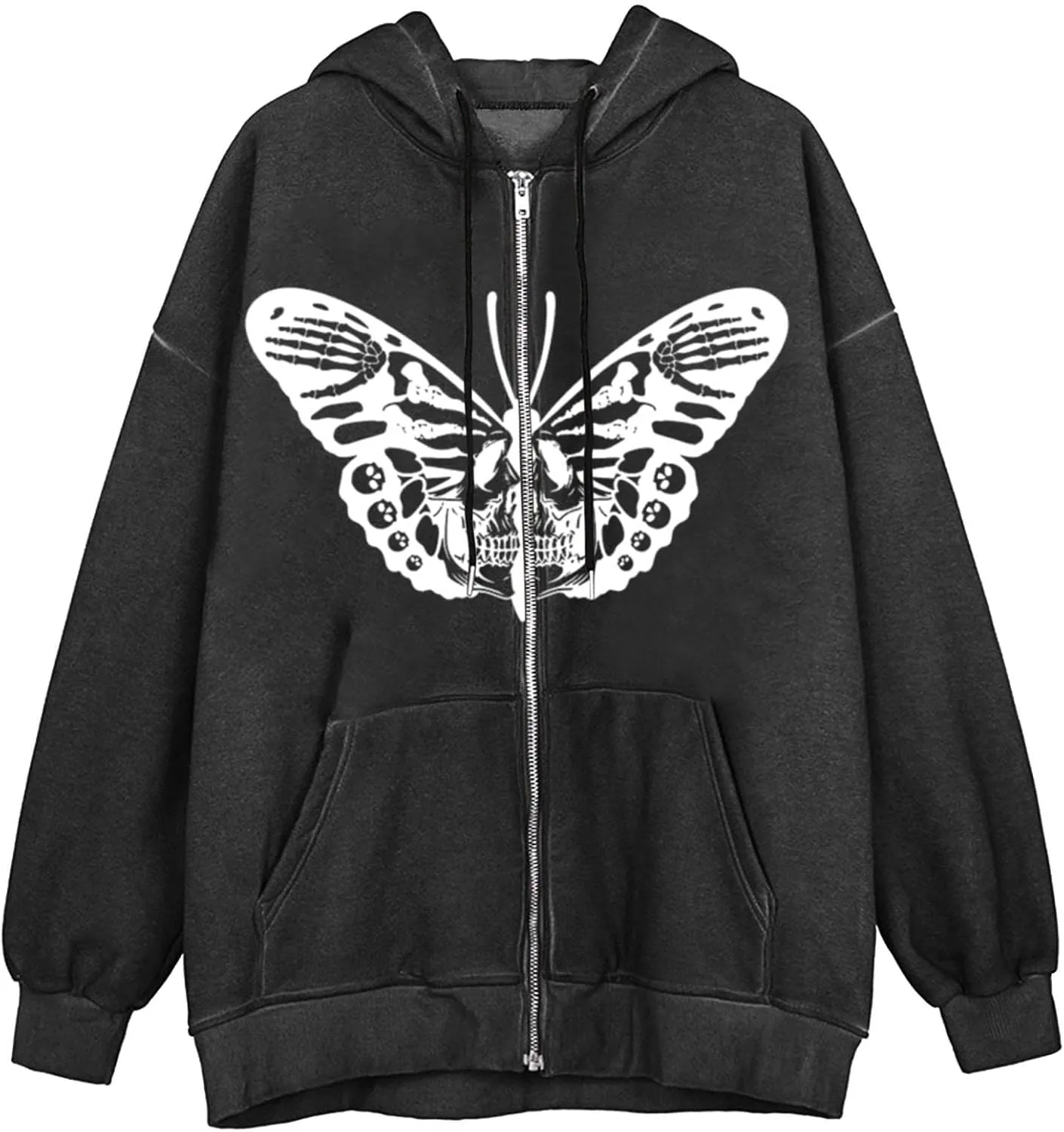 Y2K Hoodies for Women Zip Up Print Graphic Oversized Pockets Hooded Jacket 90s Long Sleeve Sweatshirt Coat Streetwear Goth
