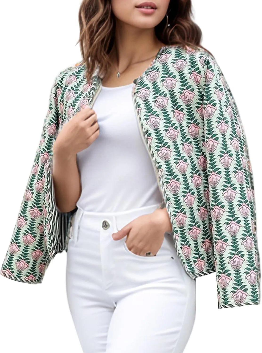 Yimoon Quilted Jackets for Women Reversible Floral Print Open Front Lightweight Cropped Puffer Jacket Outwear