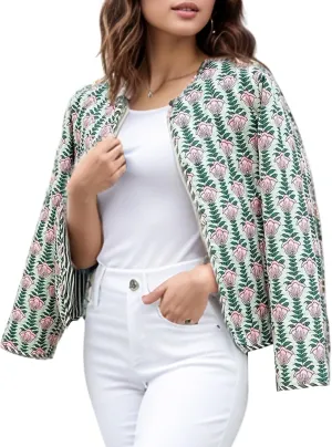 Yimoon Quilted Jackets for Women Reversible Floral Print Open Front Lightweight Cropped Puffer Jacket Outwear