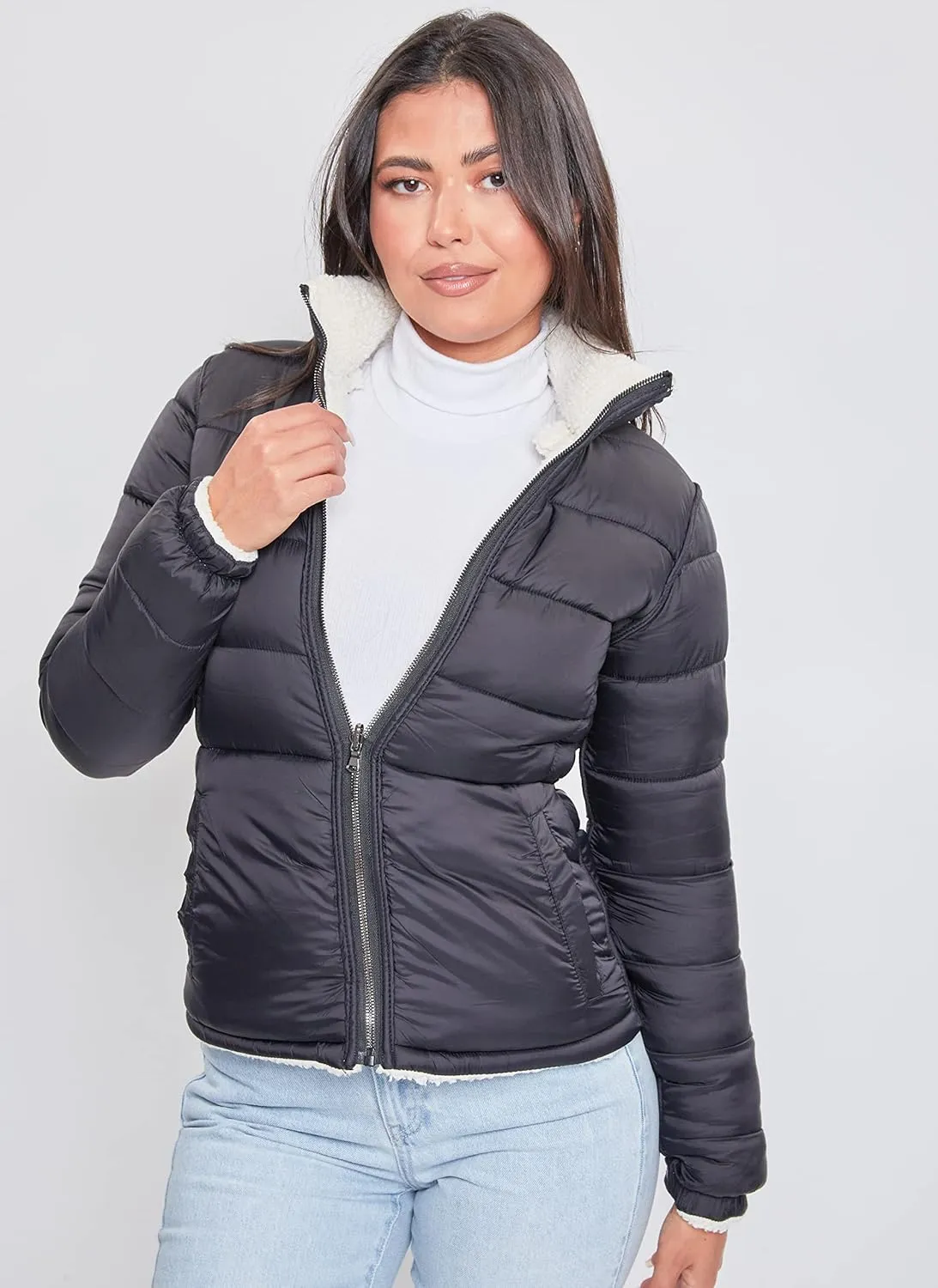 YMI Women's Junior Faux Leather Sherpa Lined Jacket