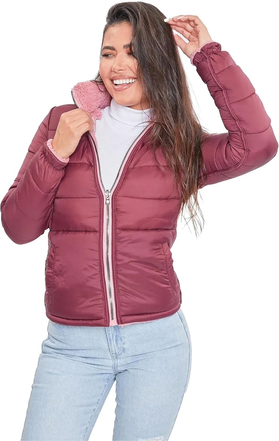 YMI Women's Junior Faux Leather Sherpa Lined Jacket