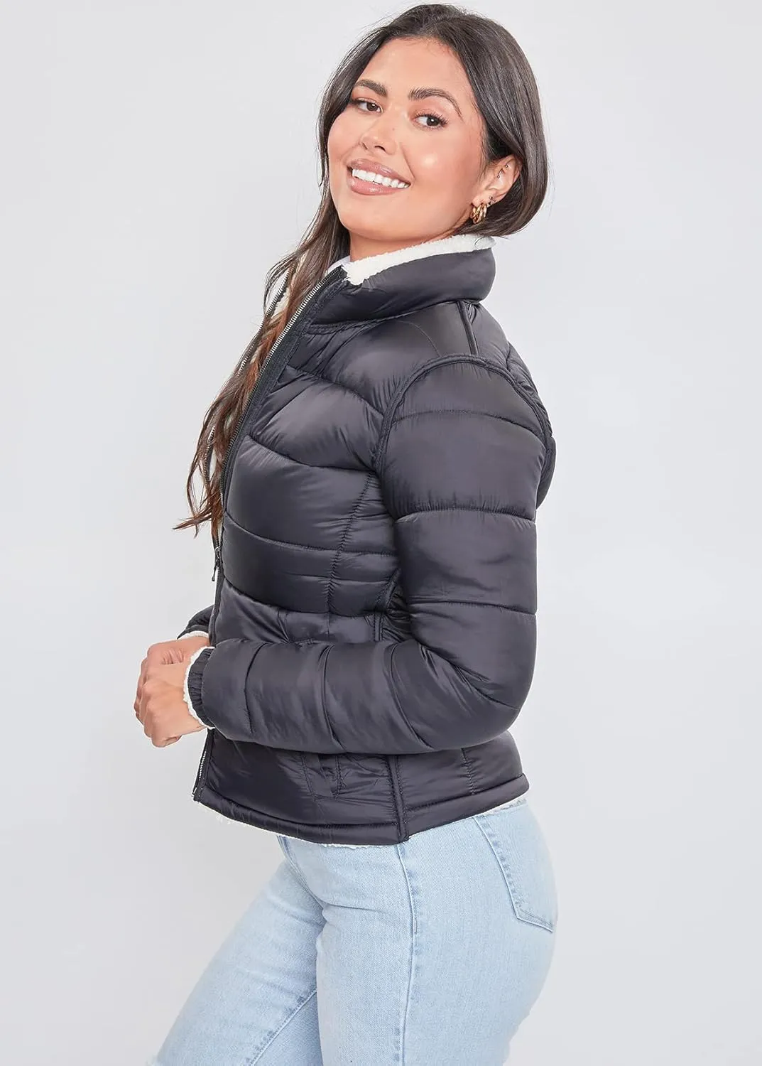 YMI Women's Junior Faux Leather Sherpa Lined Jacket