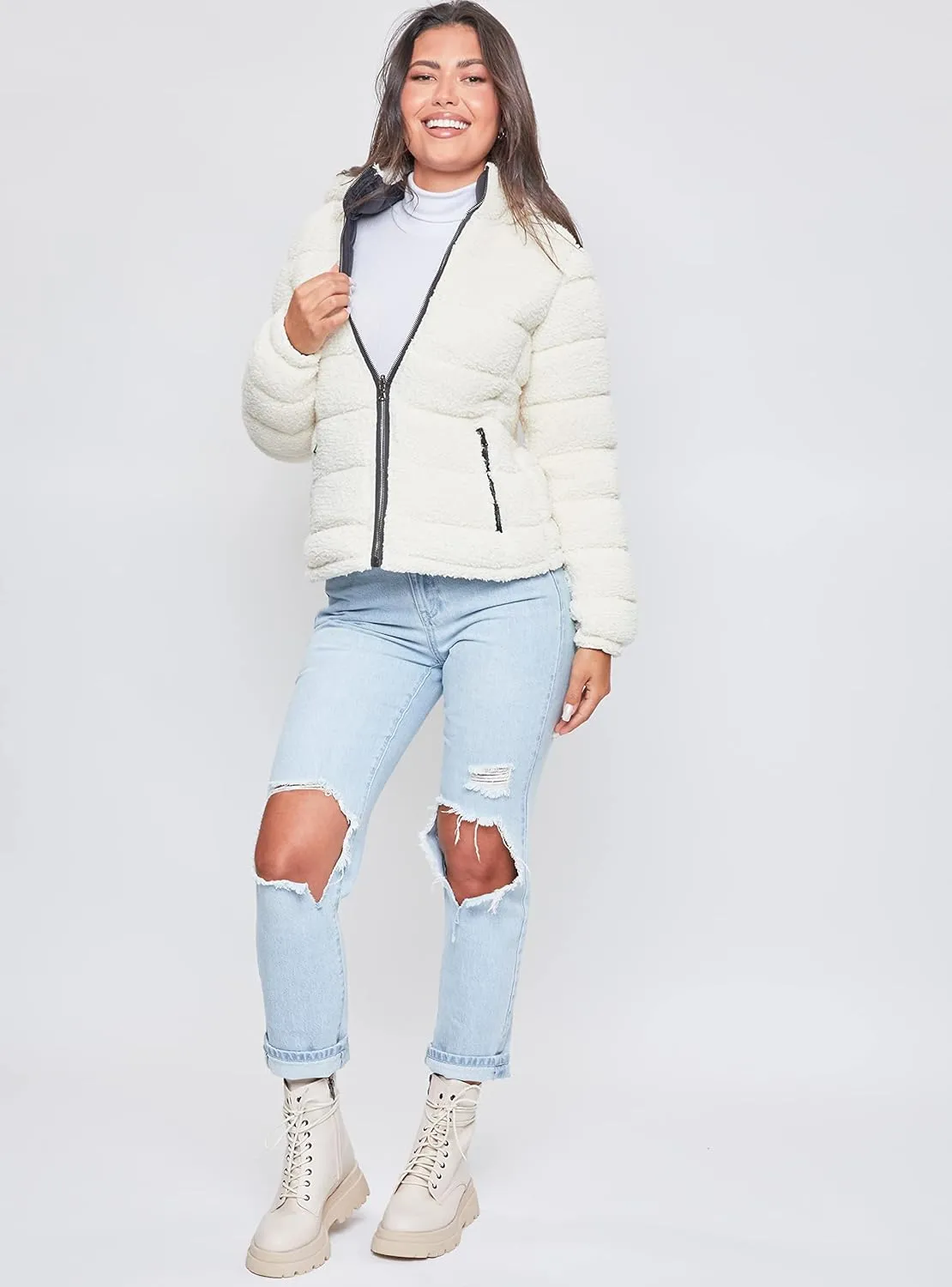 YMI Women's Junior Faux Leather Sherpa Lined Jacket