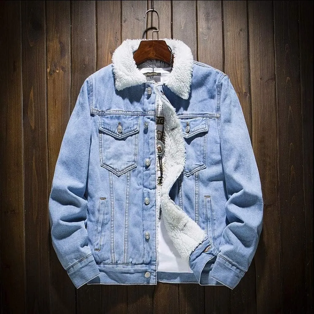 Ymosrh Mens Leather Jacket Add Wool Casual Vintage Wash Distressed Denim Jacket Coat Rain Jackets for Men Waterproof