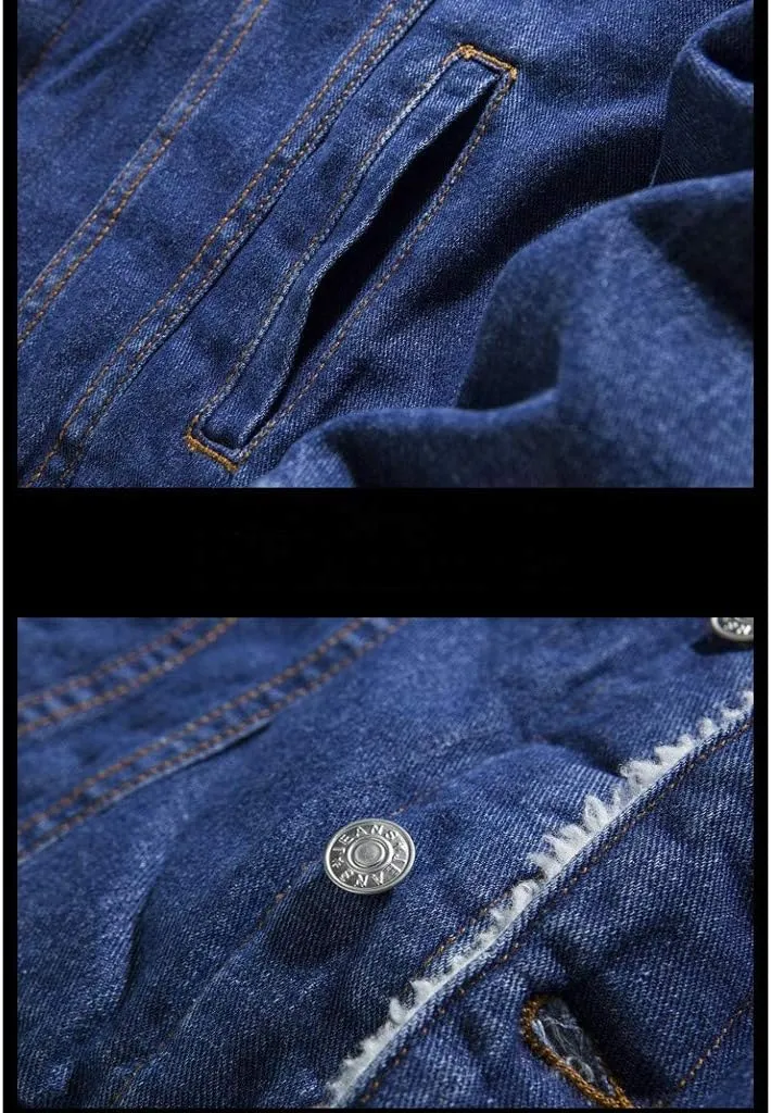 Ymosrh Mens Leather Jacket Add Wool Casual Vintage Wash Distressed Denim Jacket Coat Rain Jackets for Men Waterproof